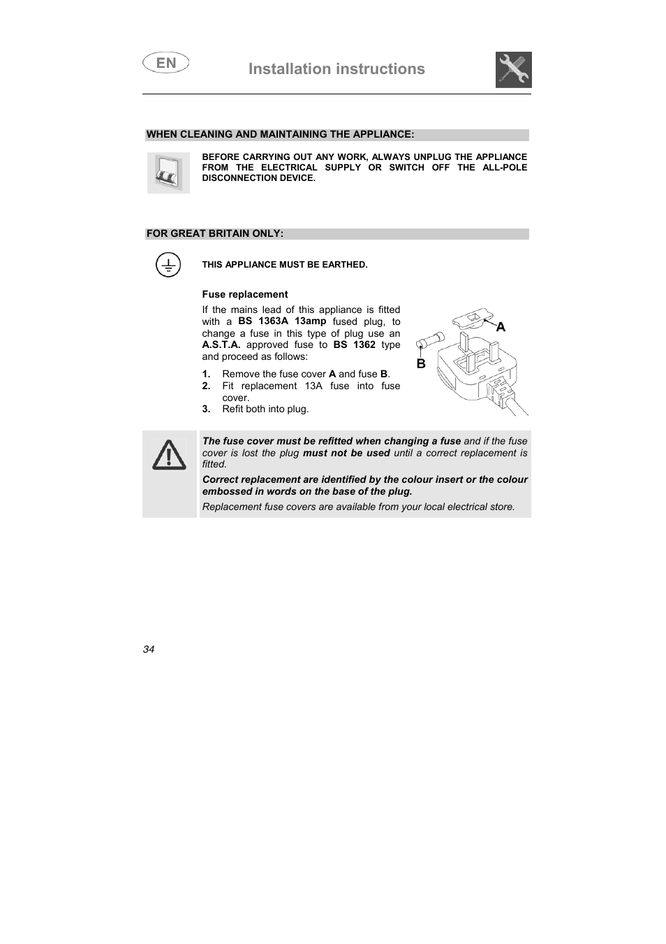 Installation instructions | Smeg STX1-5 User Manual | Page 22 / 39