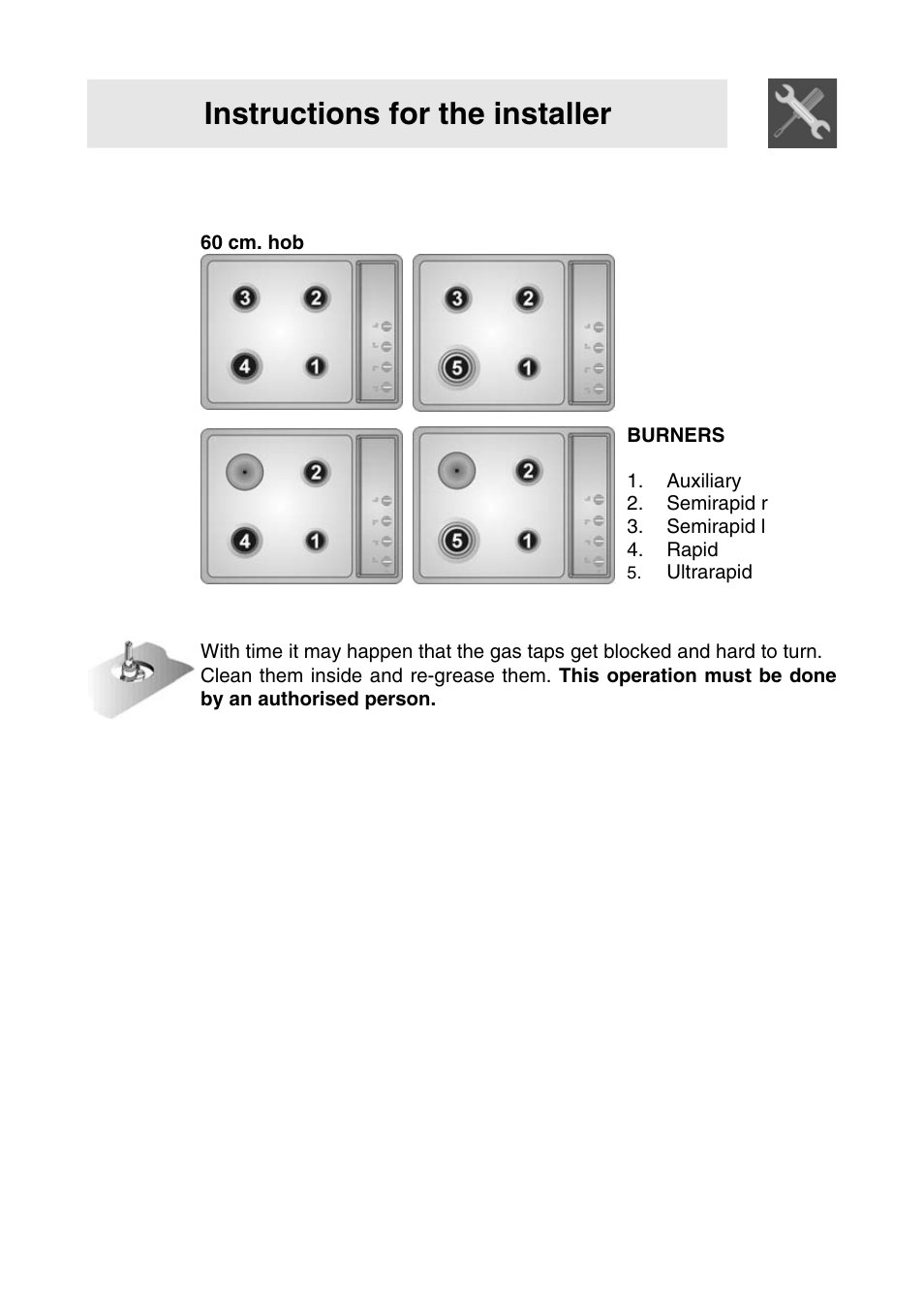 Instructions for the installer, 5 lubrication of gas taps | Smeg SER63LPG User Manual | Page 14 / 20