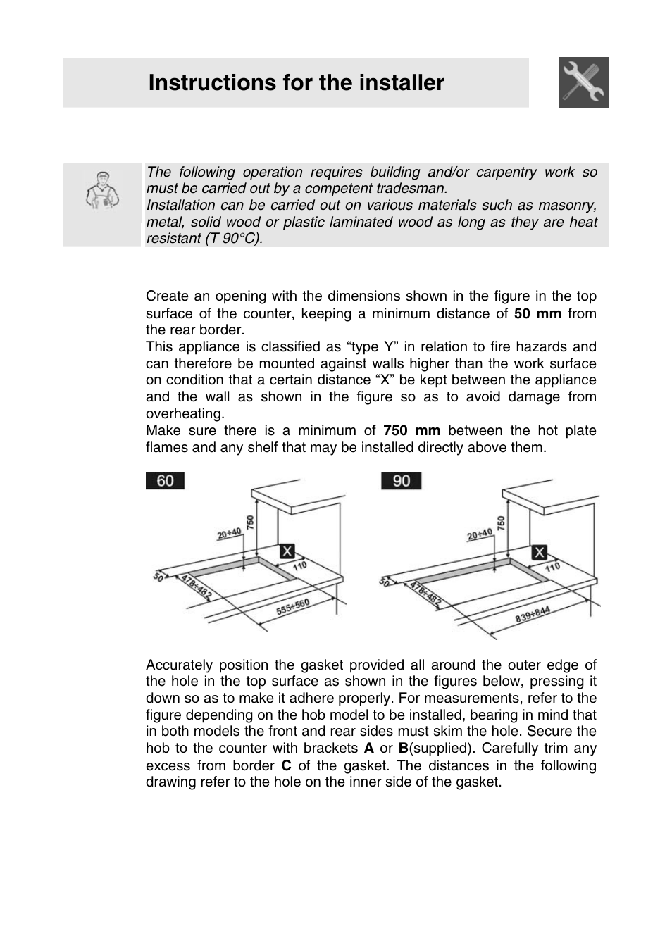 Instructions for the installer, 2positioning of the hob | Smeg SER63LPG User Manual | Page 4 / 20