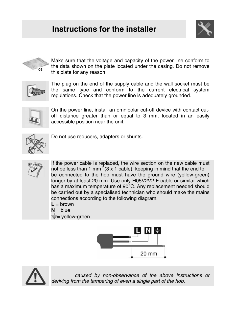 Instructions for the installer, 3electrical connection | Smeg SER63LPG User Manual | Page 6 / 20