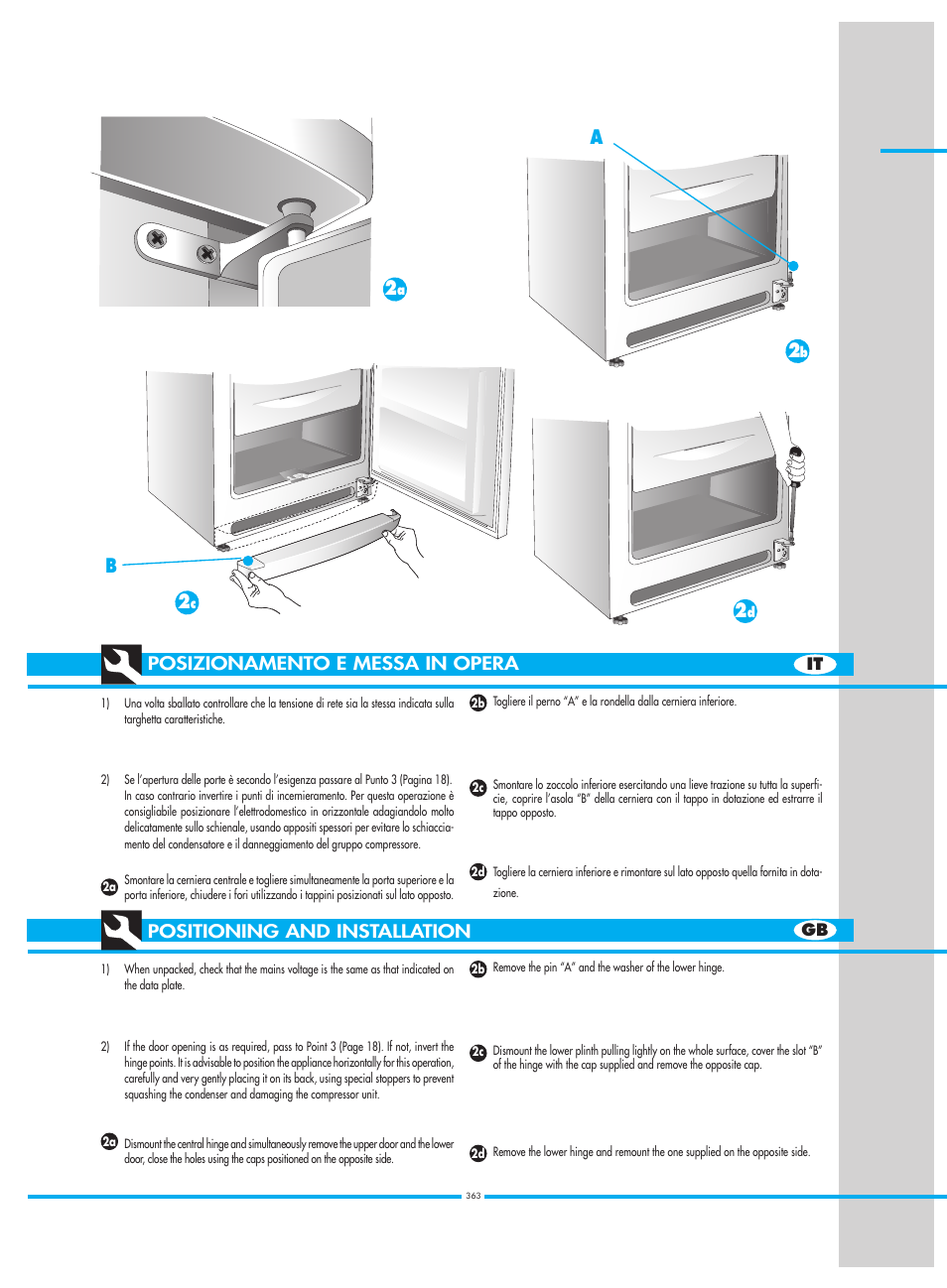 Ab 2, Posizionamento e messa in opera, Positioning and installation | Smeg CW350RX1 User Manual | Page 10 / 34