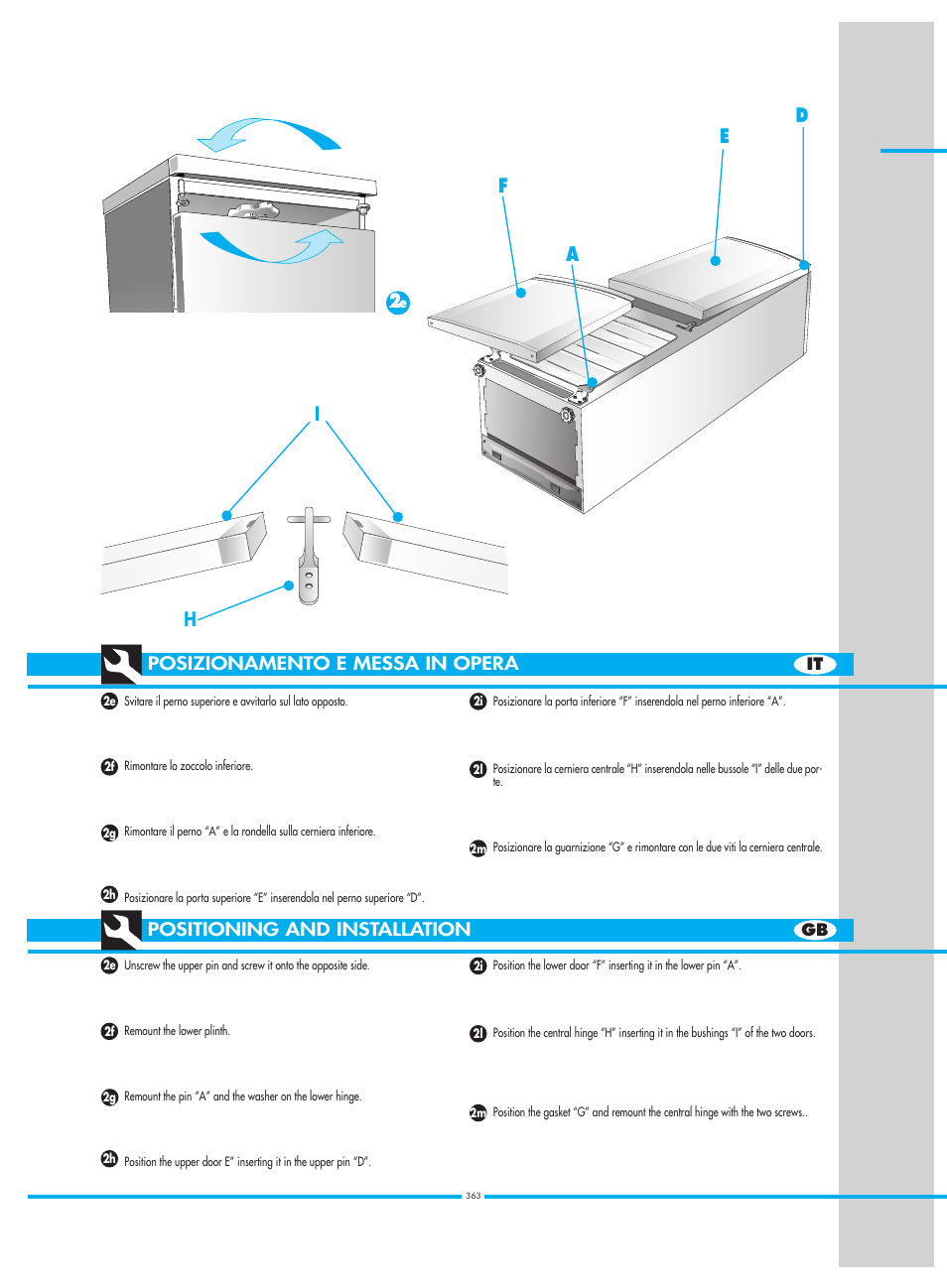 De f a, Posizionamento e messa in opera, Positioning and installation | Smeg CW350RX1 User Manual | Page 12 / 34