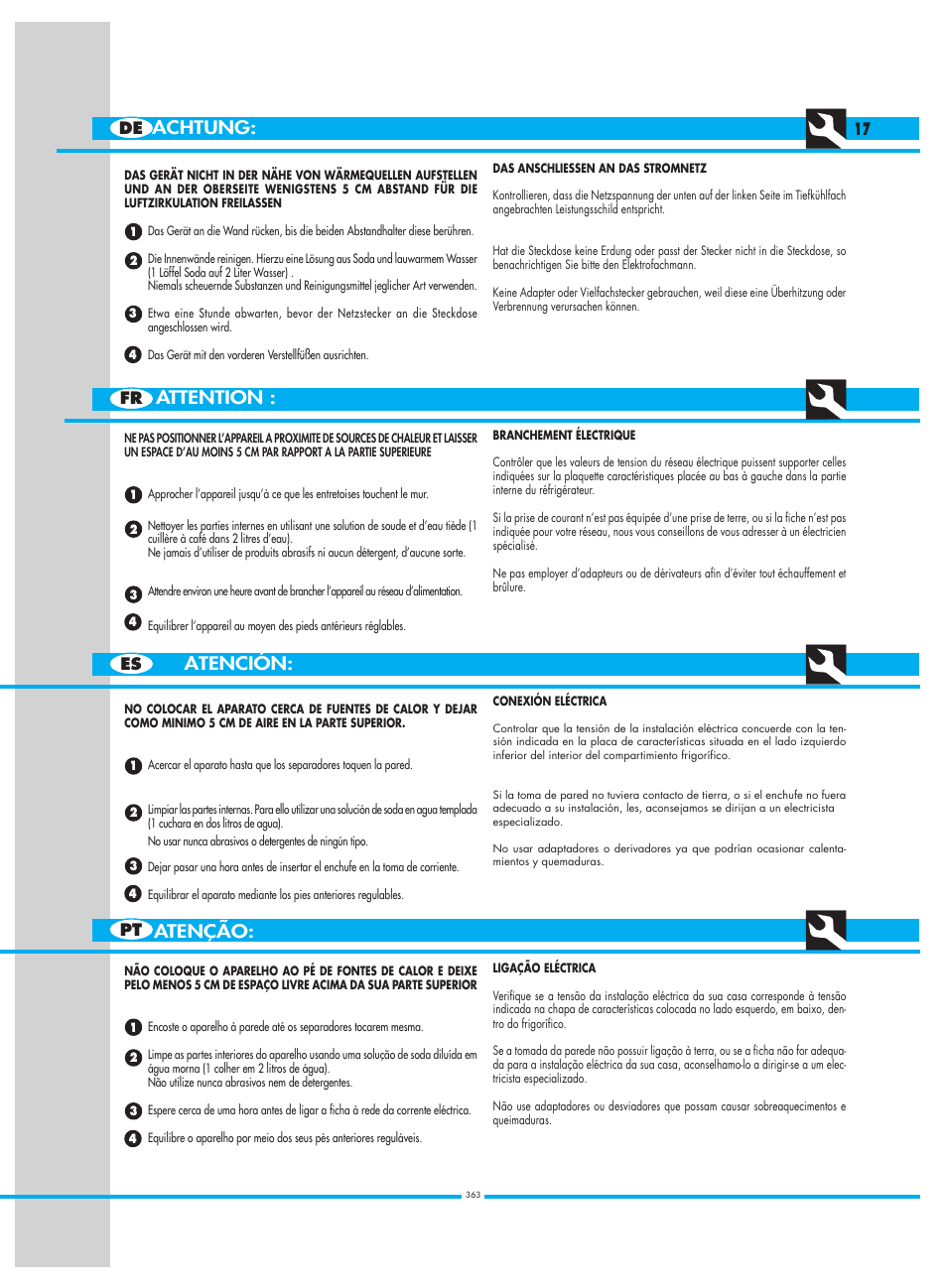 Atención: attention : achtung: atenção, Fr es pt de | Smeg CW350RX1 User Manual | Page 17 / 34