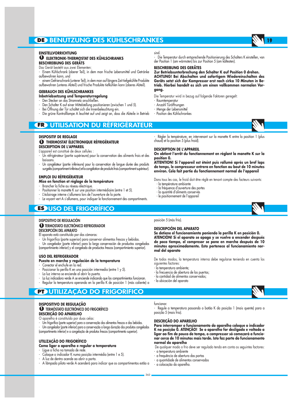 Uso del frigorífico, Fr es pt de | Smeg CW350RX1 User Manual | Page 19 / 34