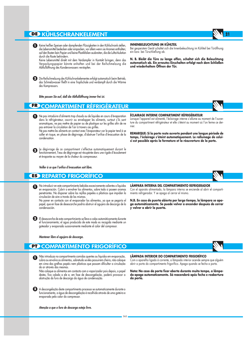 Reparto frigorífico, Compartiment réfrigérateur, Kühlschrankelement | Compartimento frigorífico | Smeg CW350RX1 User Manual | Page 21 / 34