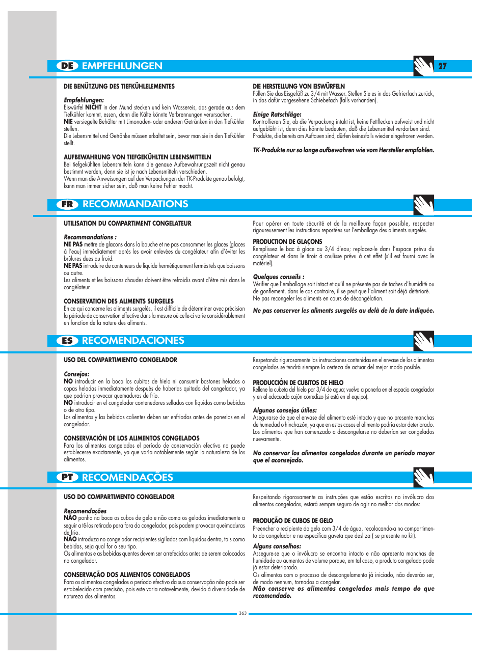 Recomendaciones, Recommandations, Empfehlungen | Recomendações | Smeg CW350RX1 User Manual | Page 27 / 34