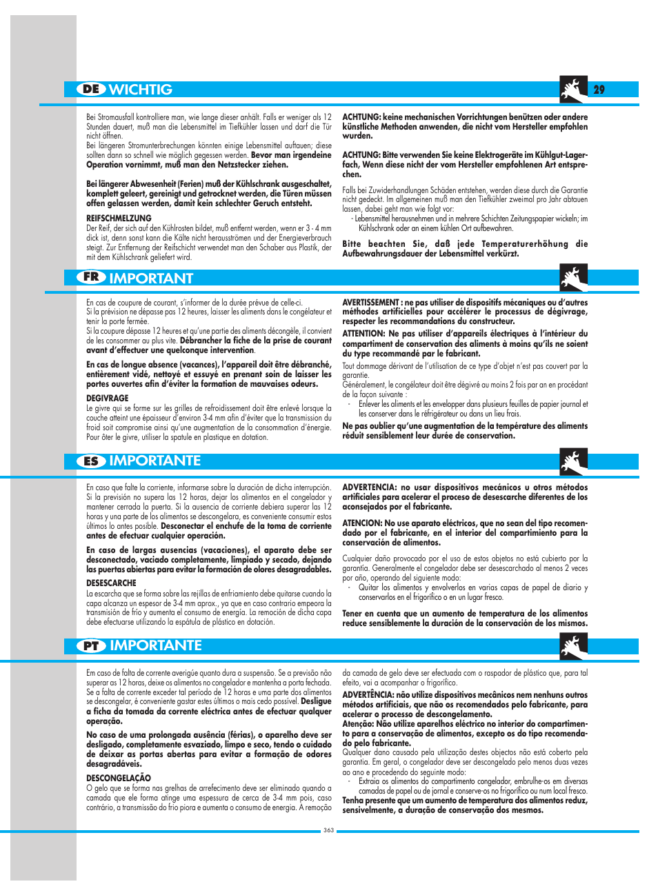 Importante important wichtig importante | Smeg CW350RX1 User Manual | Page 29 / 34