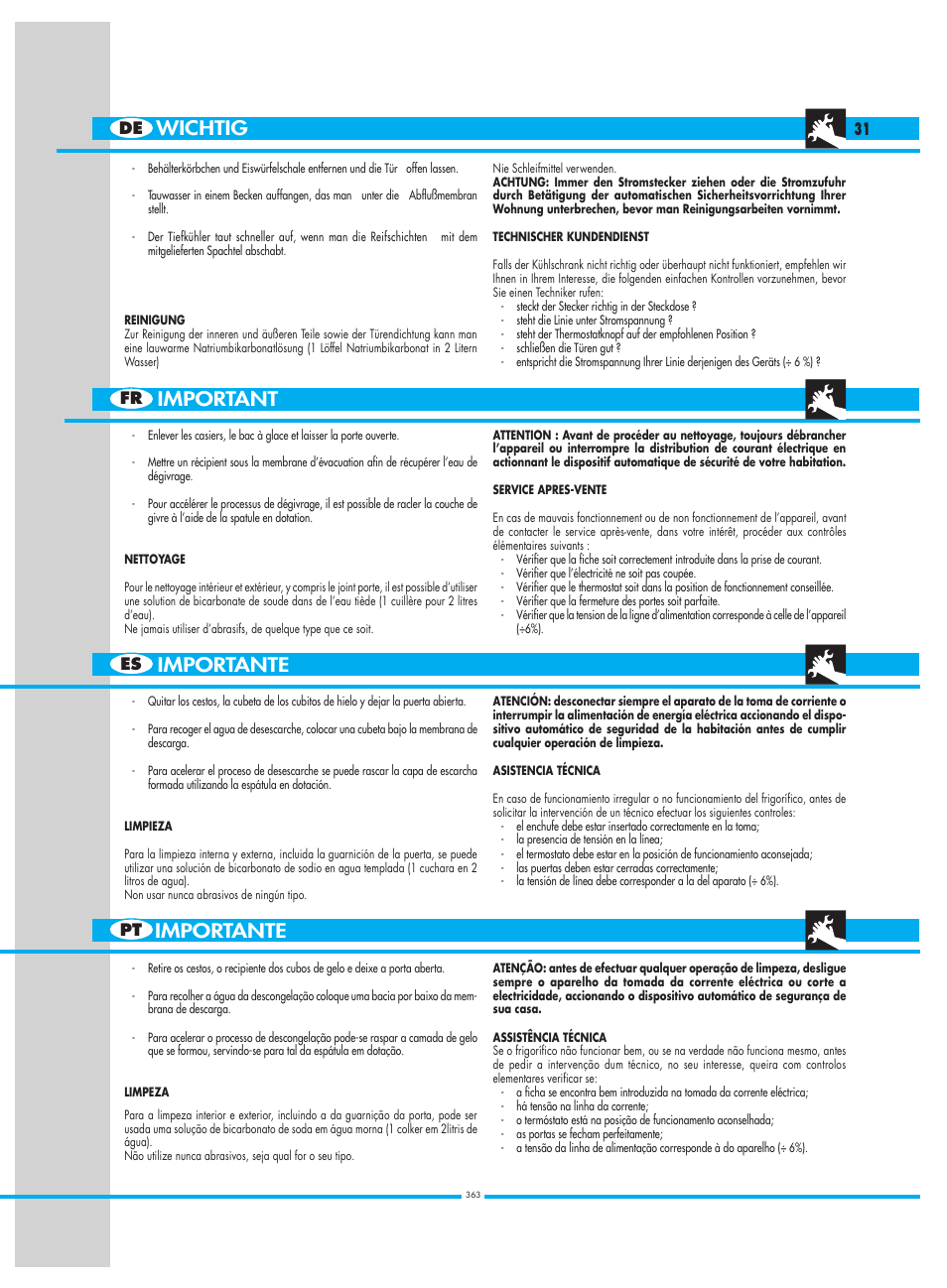 Importante, Important, Wichtig | Smeg CW350RX1 User Manual | Page 31 / 34