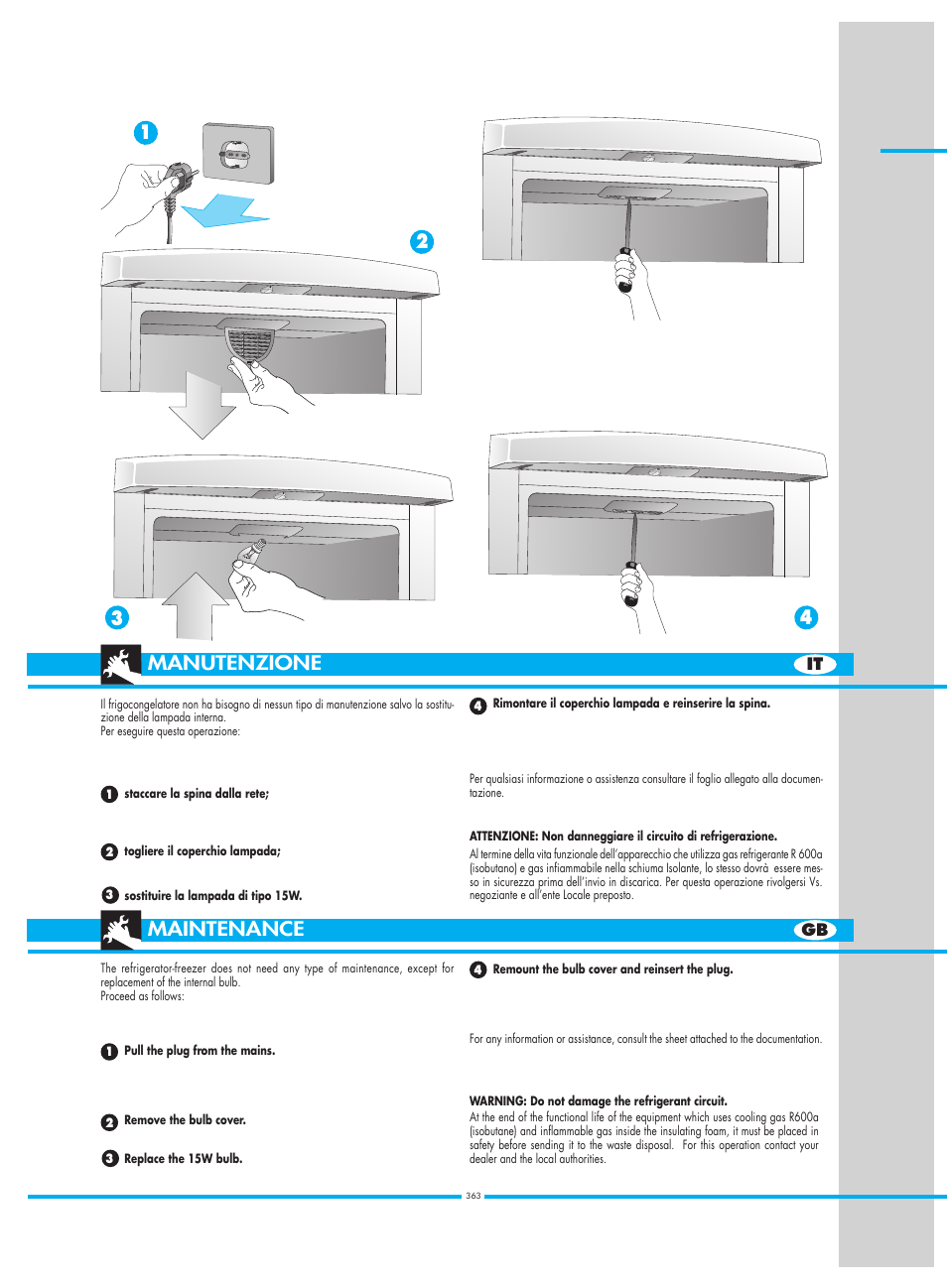 Manutenzione, Maintenance | Smeg CW350RX1 User Manual | Page 32 / 34