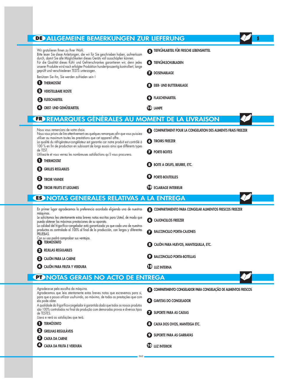 Notas generales relativas a la entrega, Remarques générales au moment de la livraison, Allgemeine bemerkungen zur lieferung | Notas gerais no acto de entrega, Fr es pt de 5 | Smeg CW350RX1 User Manual | Page 5 / 34