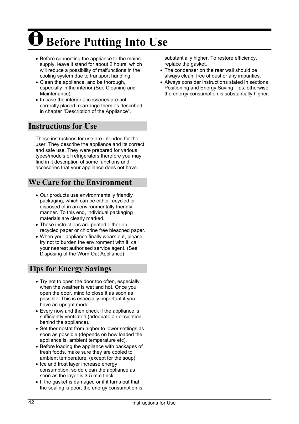 Before putting into use, Instructions for use, We care for the environment | Tips for energy savings | Smeg FA28A User Manual | Page 2 / 11