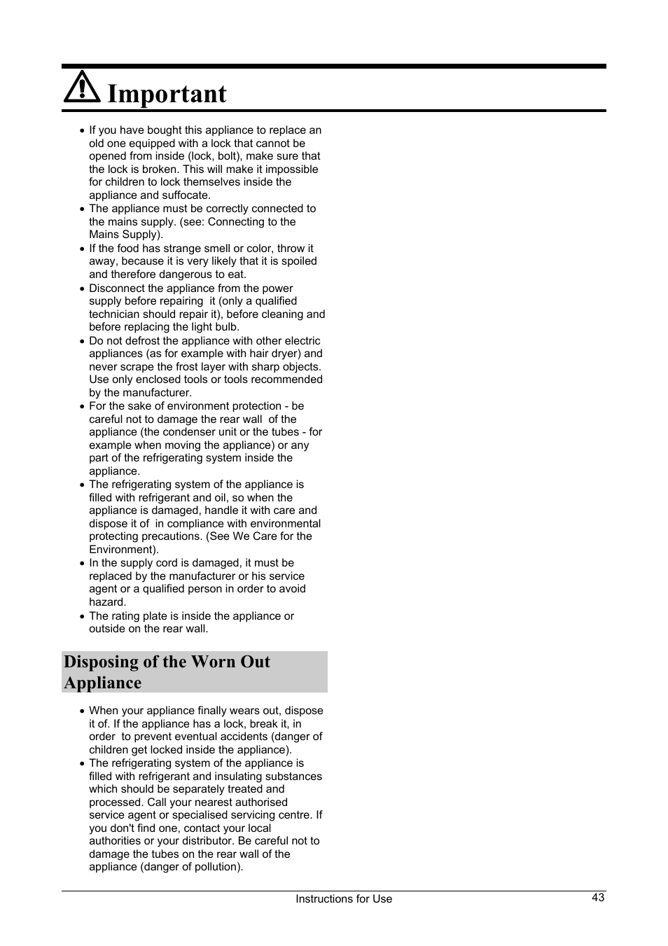 Important, Disposing of the worn out appliance | Smeg FA28A User Manual | Page 3 / 11