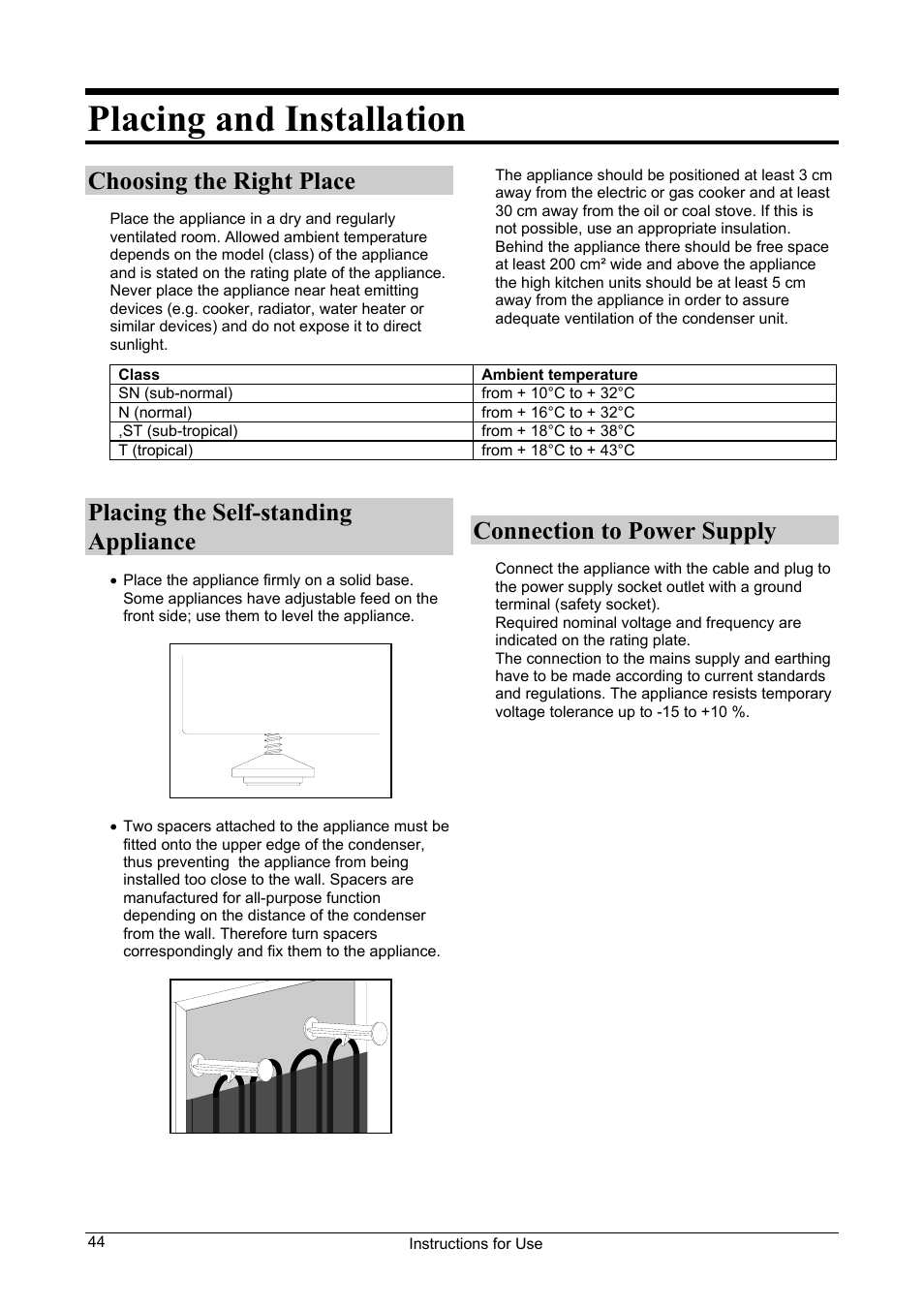 Placing and installation, Choosing the right place, Placing the self-standing appliance | Connection to power supply | Smeg FA28A User Manual | Page 4 / 11