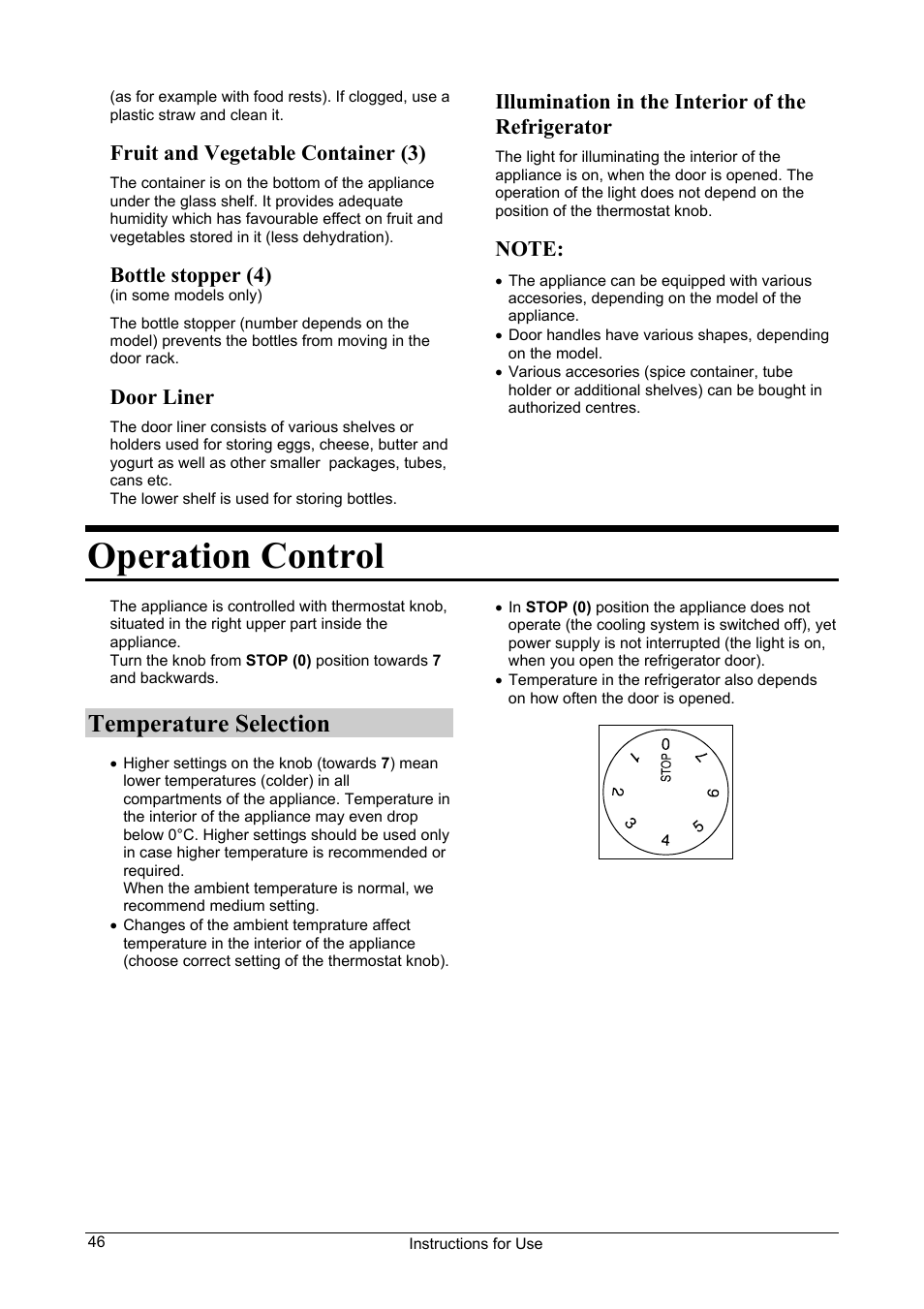 Operation control, Temperature selection, Fruit and vegetable container (3) | Bottle stopper (4), Door liner, Illumination in the interior of the refrigerator | Smeg FA28A User Manual | Page 6 / 11