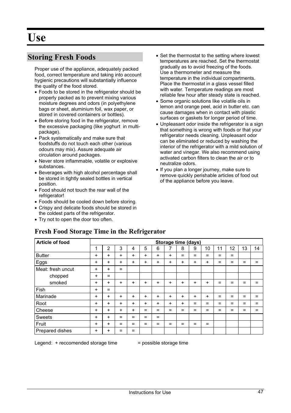 Storing fresh foods, Fresh food storage time in the refrigerator | Smeg FA28A User Manual | Page 7 / 11