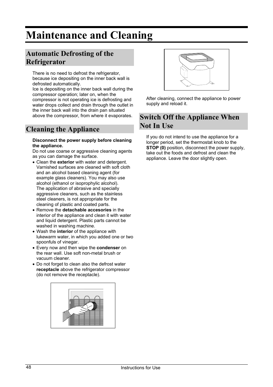 Maintenance and cleaning, Automatic defrosting of the refrigerator, Cleaning the appliance | Switch off the appliance when not in use | Smeg FA28A User Manual | Page 8 / 11