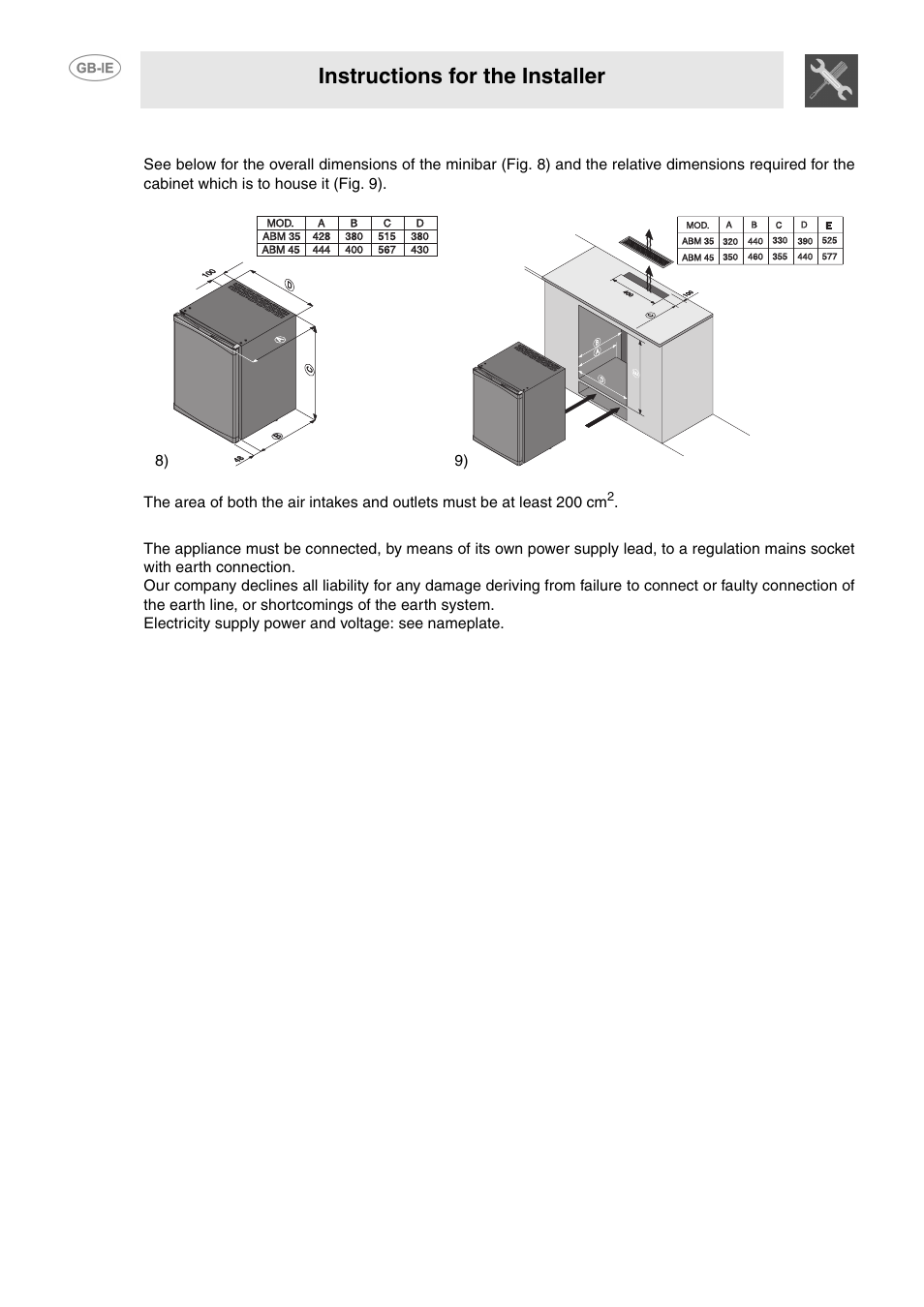 3 built-in version without added door, 4 electricity supply, Instructions for the installer | Smeg 914773118 User Manual | Page 8 / 11