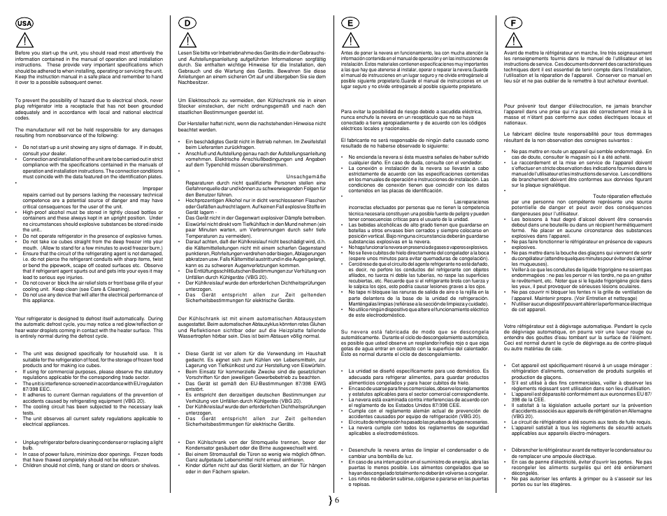 Safety precautions and warning observations, Sicherheitshinweise und warnungen, Precauciones de seguridad y advertencias | Mesures de sécurité et mises en garde | Smeg FA561X User Manual | Page 10 / 33