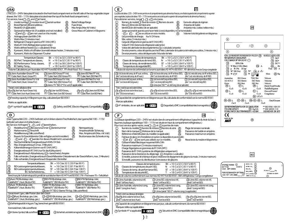Beschreibung der hinweise zum energieverbrauch, Description of iec data plate, Description du guide de consommation | Descripción de la placa de datos iec | Smeg FA561X User Manual | Page 6 / 33