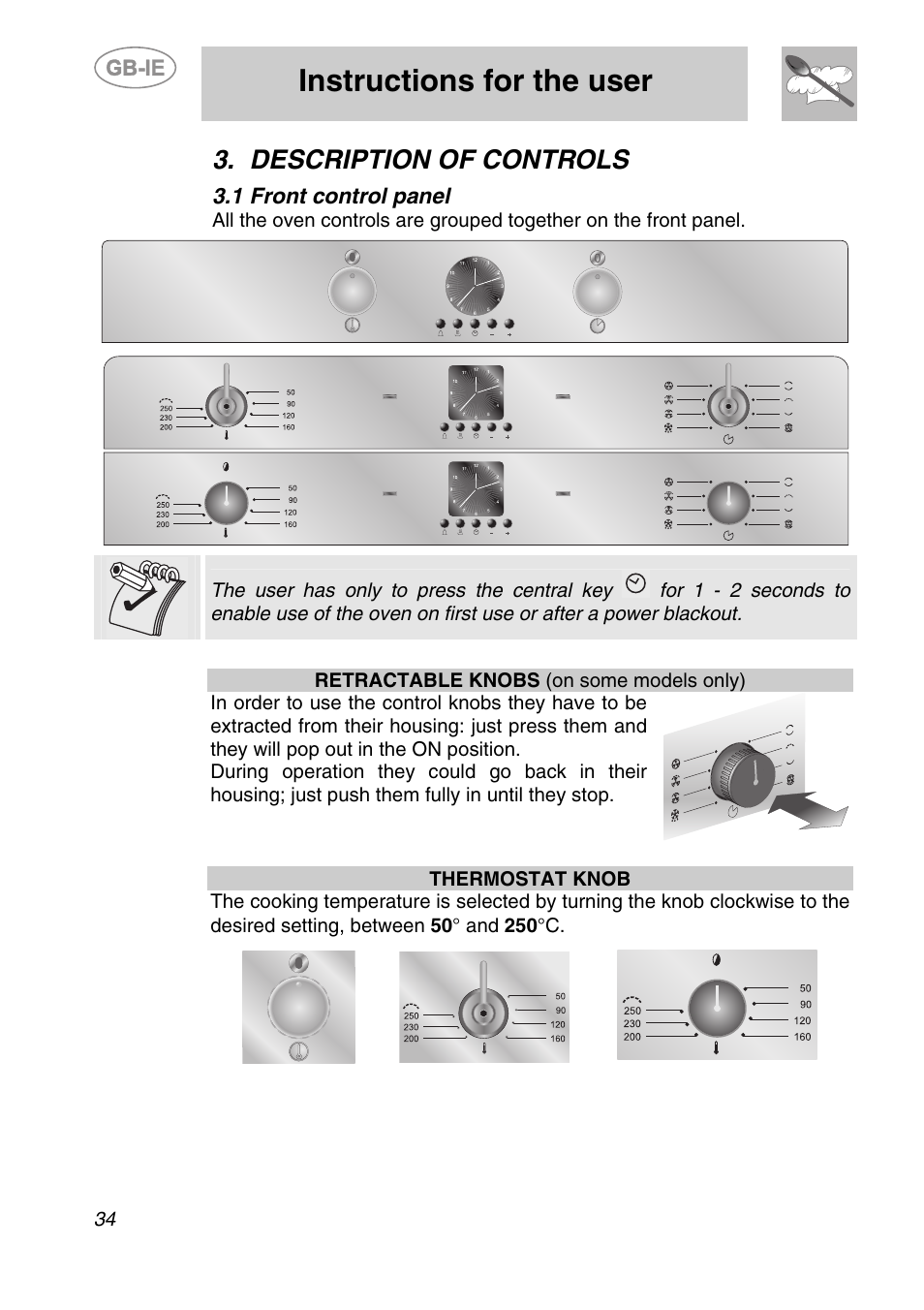 Description of controls, 1 front control panel, Instructions for the user | Smeg SC170 User Manual | Page 7 / 25