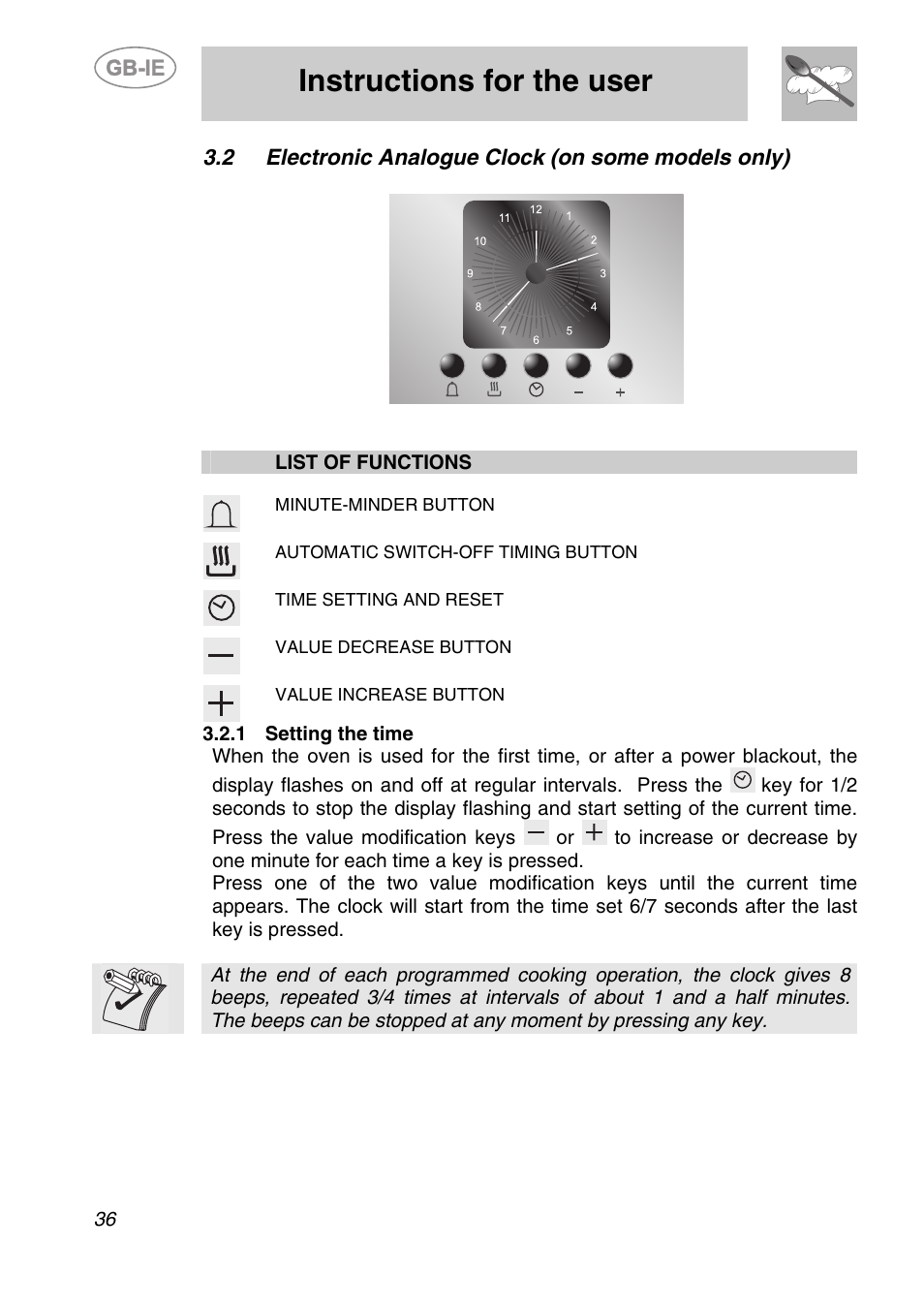 2 electronic analogue clock (on some models only), 1 setting the time, Instructions for the user | Smeg SC170 User Manual | Page 9 / 25