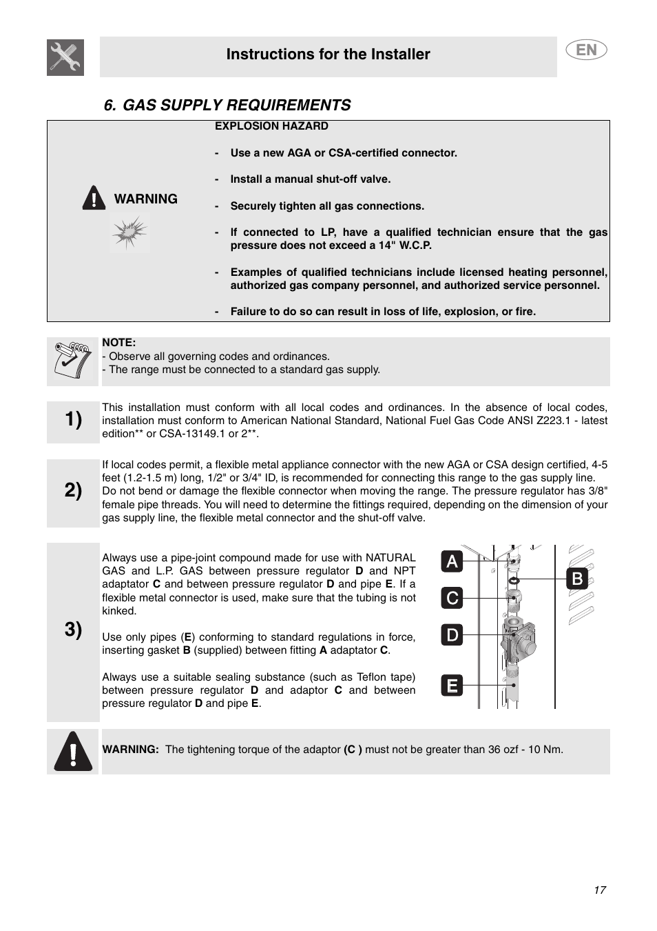 Instructions for the installer, Gas supply requirements | Smeg C9GMXU User Manual | Page 15 / 16