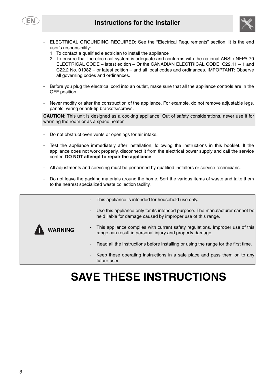 Save these instructions, Instructions for the installer | Smeg C9GMXU User Manual | Page 4 / 16