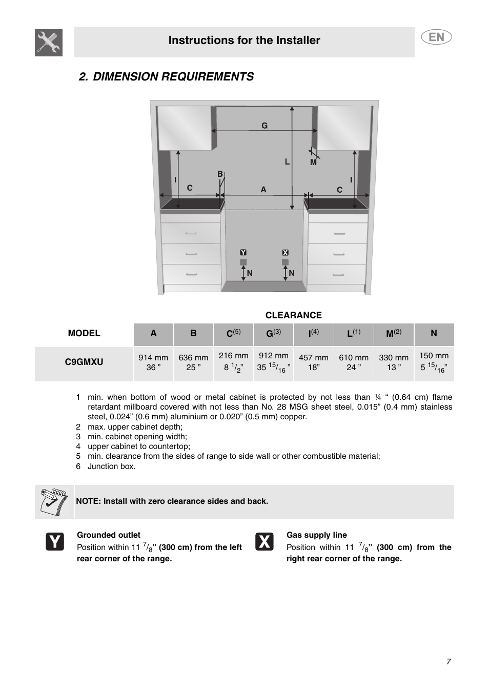 Instructions for the installer, Dimension requirements | Smeg C9GMXU User Manual | Page 5 / 16