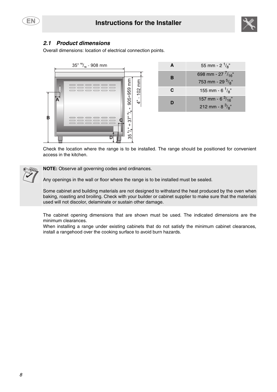 Instructions for the installer, 1 product dimensions | Smeg C9GMXU User Manual | Page 6 / 16