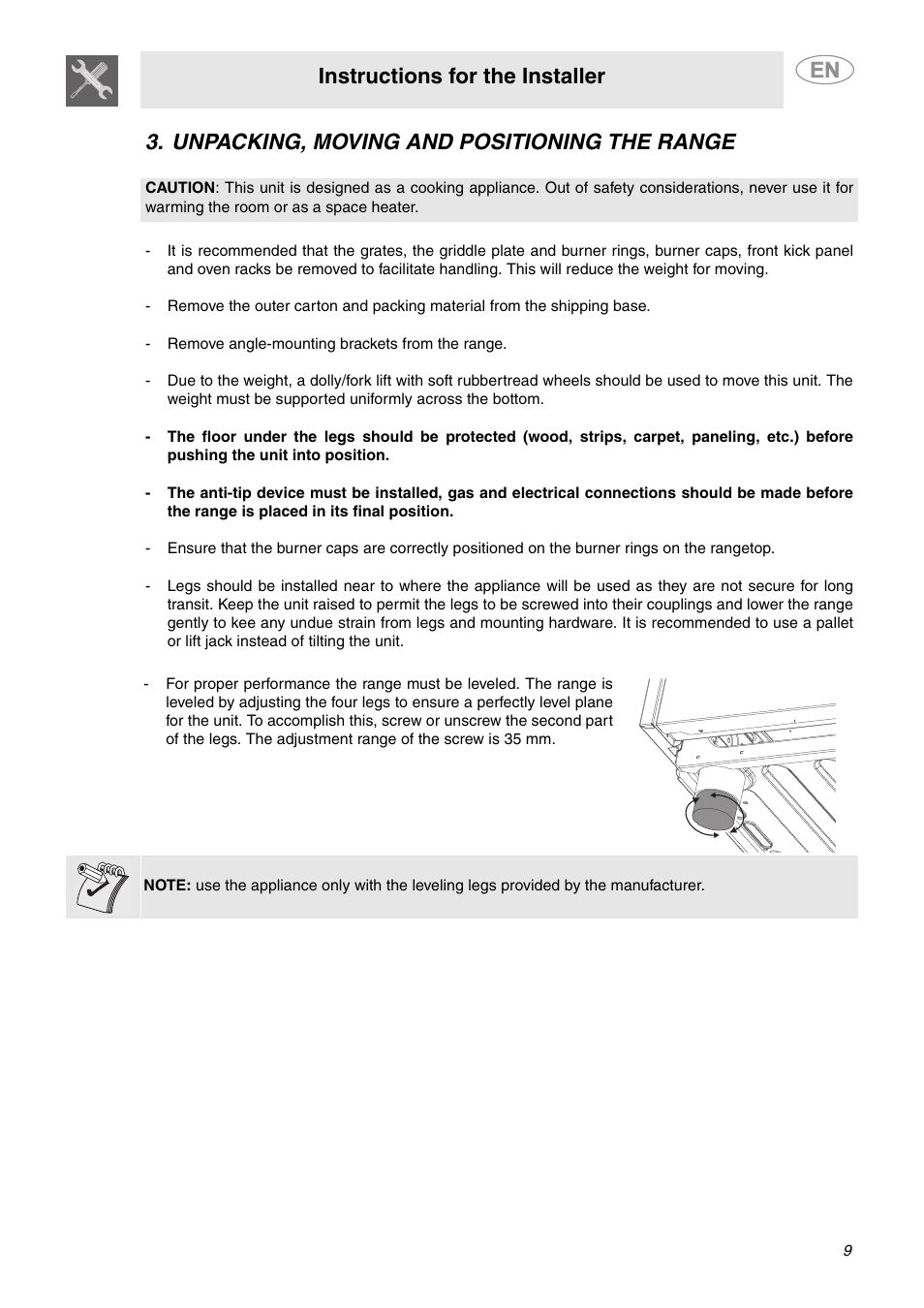 Instructions for the installer, Unpacking, moving and positioning the range | Smeg C9GMXU User Manual | Page 7 / 16
