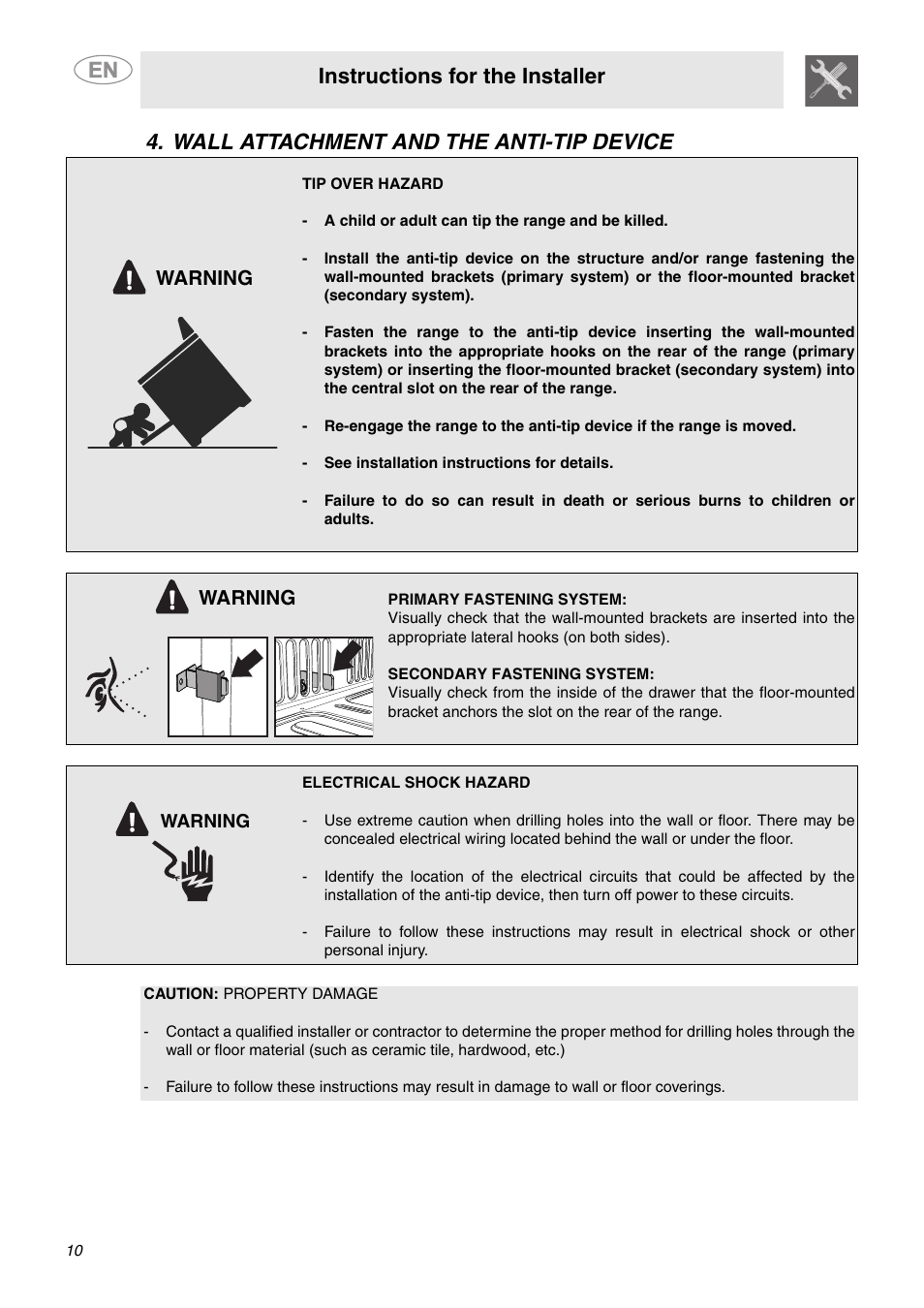Instructions for the installer, Wall attachment and the anti-tip device, Warning | Smeg C9GMXU User Manual | Page 8 / 16