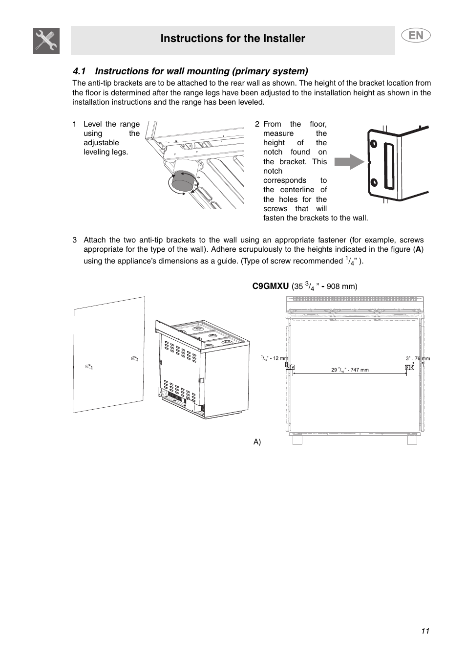 Instructions for the installer, 1 instructions for wall mounting (primary system) | Smeg C9GMXU User Manual | Page 9 / 16