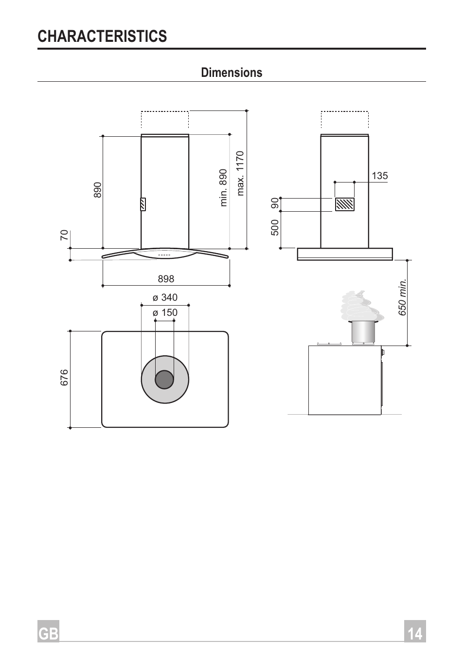 14 gb characteristics, Dimensions | Smeg Arco Isola Plus KSEIV96X User Manual | Page 4 / 12