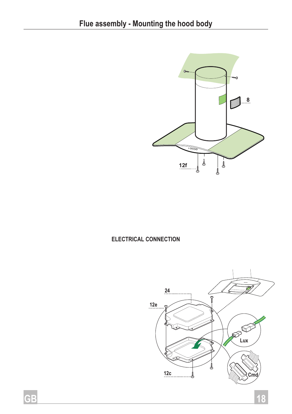 18 gb, Flue assembly - mounting the hood body | Smeg Arco Isola Plus KSEIV96X User Manual | Page 8 / 12