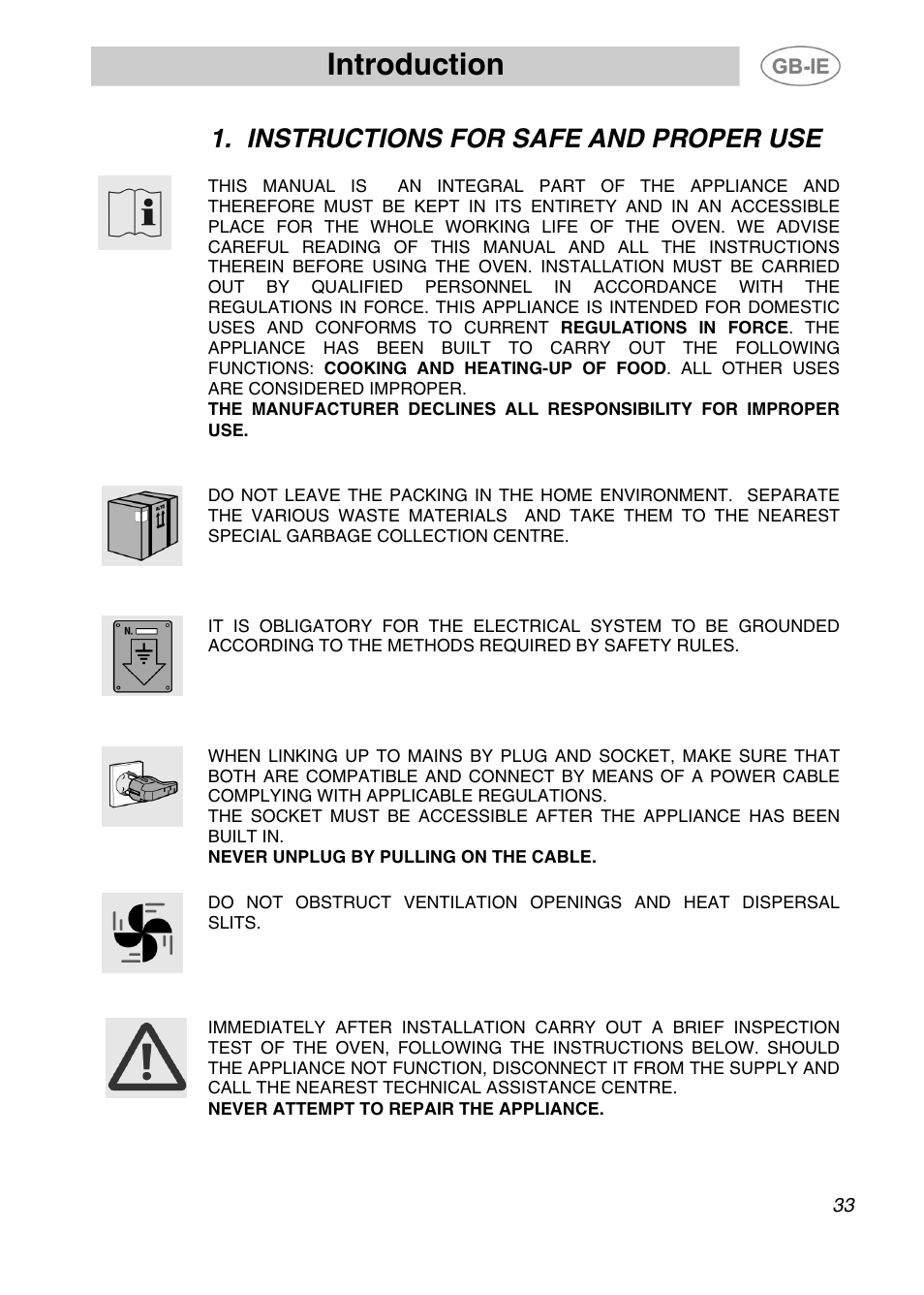 Introduction, Instructions for safe and proper use | Smeg Electric Multifunction Pizza 166PZ-5 User Manual | Page 2 / 29