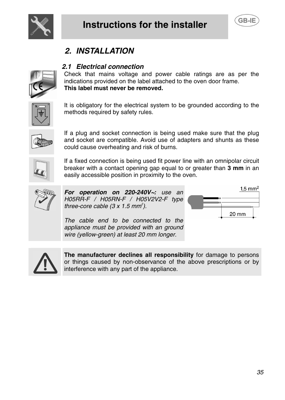 Instructions for the installer, Installation, 1 electrical connection | Smeg Electric Multifunction Pizza 166PZ-5 User Manual | Page 4 / 29
