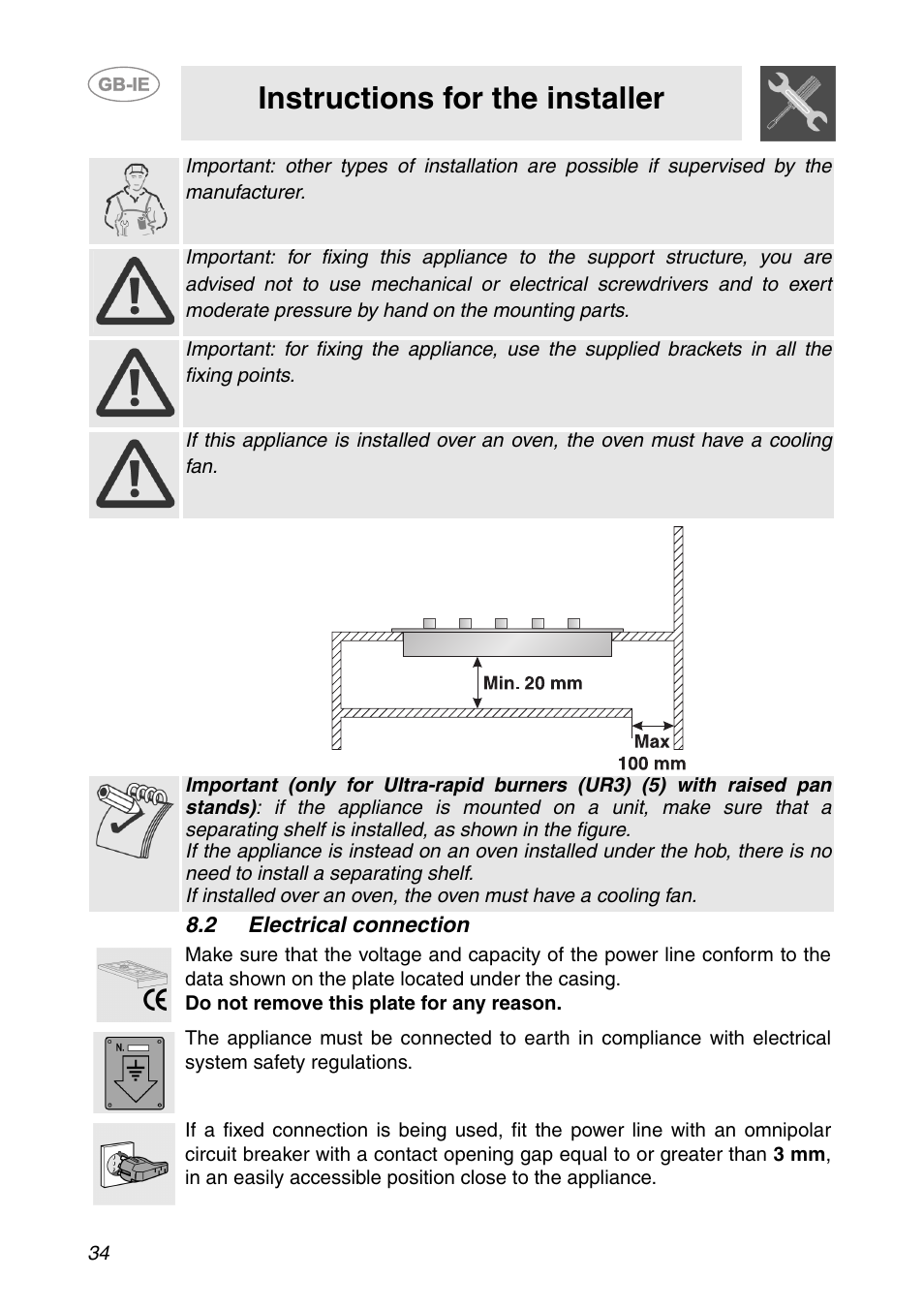 2 electrical connection, Instructions for the installer | Smeg PS906 User Manual | Page 13 / 19