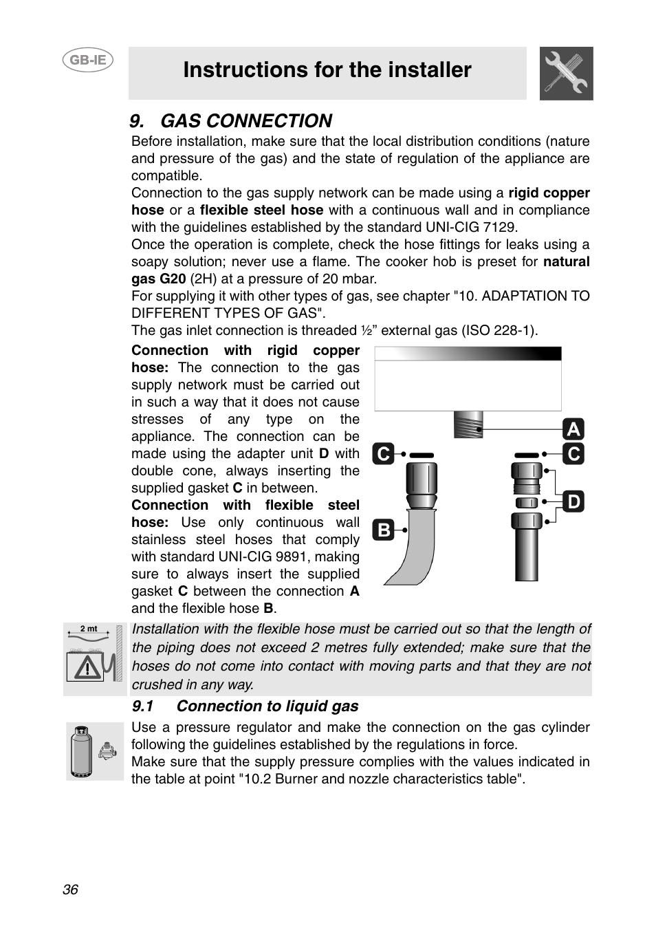 Gas connection, 1 connection to liquid gas, Instructions for the installer | Smeg PS906 User Manual | Page 15 / 19