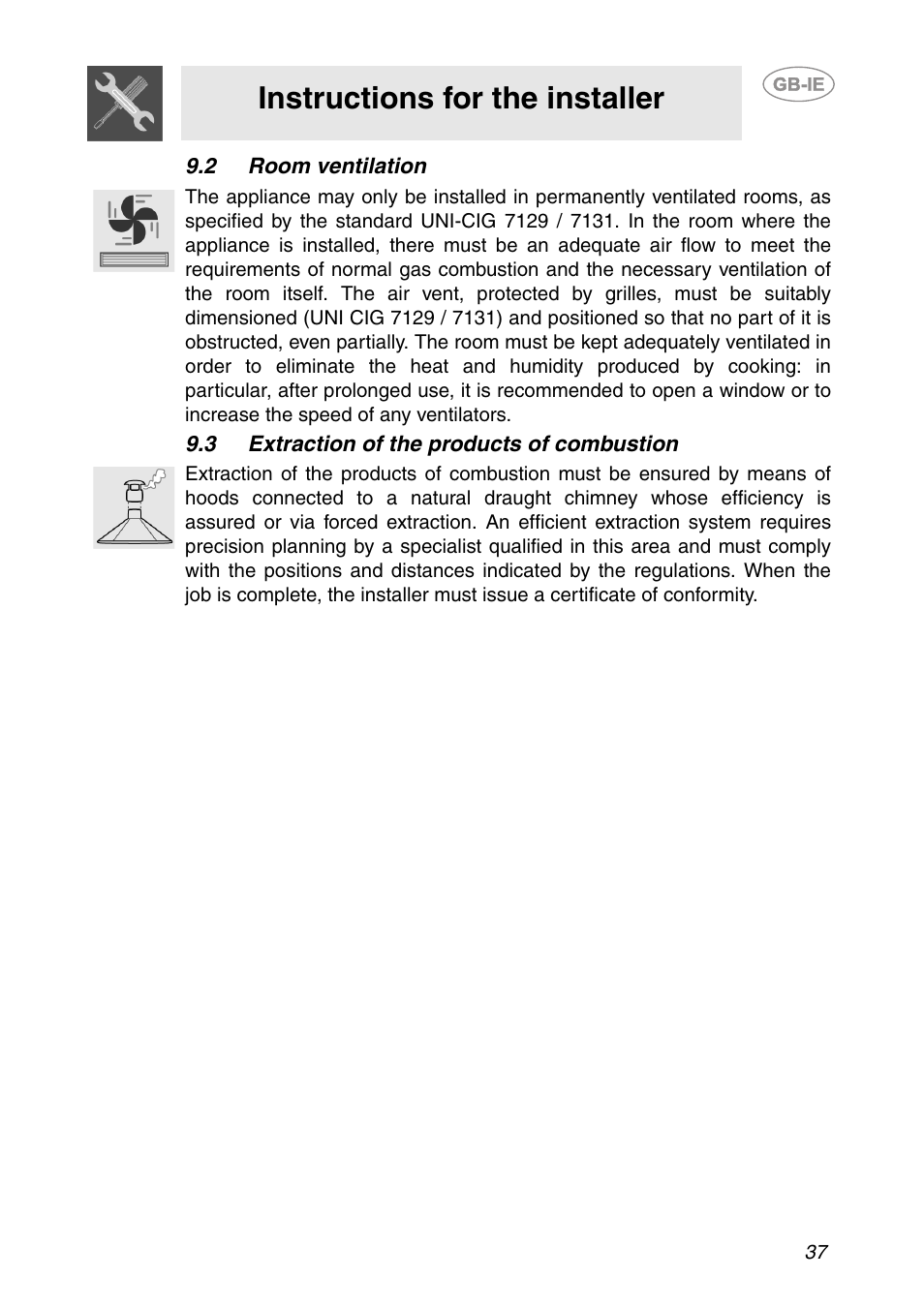 2 room ventilation, 3 extraction of the products of combustion, Instructions for the installer | Smeg PS906 User Manual | Page 16 / 19