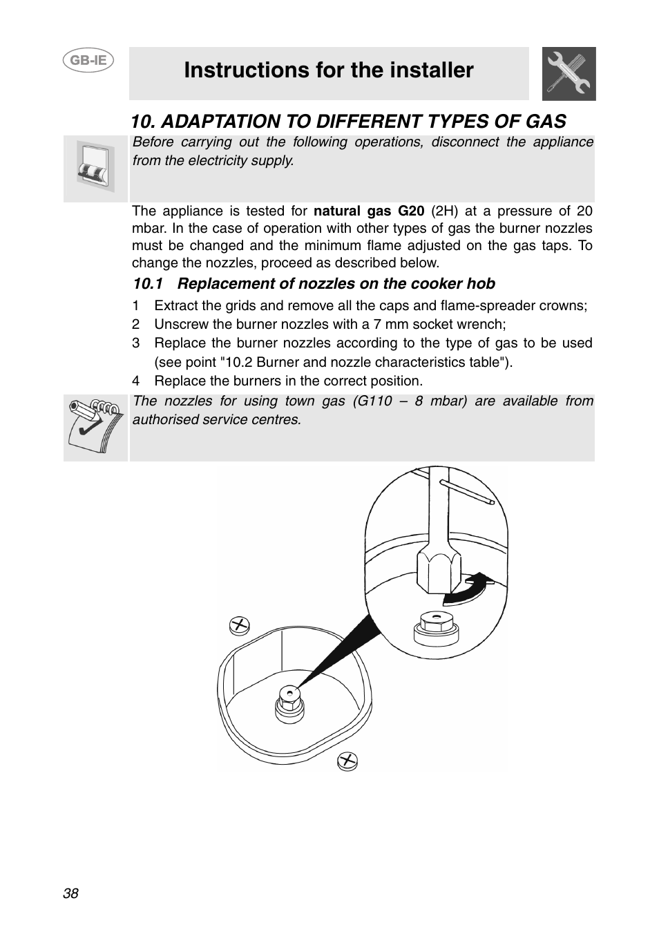 Adaptation to different types of gas, 1 replacement of nozzles on the cooker hob, 4 replace the burners in the correct position | Instructions for the installer | Smeg PS906 User Manual | Page 17 / 19