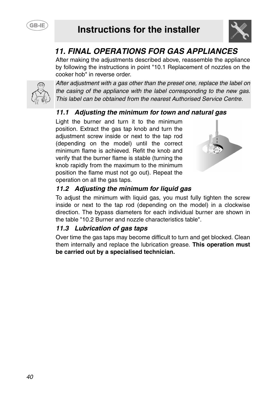 Final operations for gas appliances, 1 adjusting the minimum for town and natural gas, 2 adjusting the minimum for liquid gas | 3 lubrication of gas taps, Instructions for the installer | Smeg PS906 User Manual | Page 19 / 19