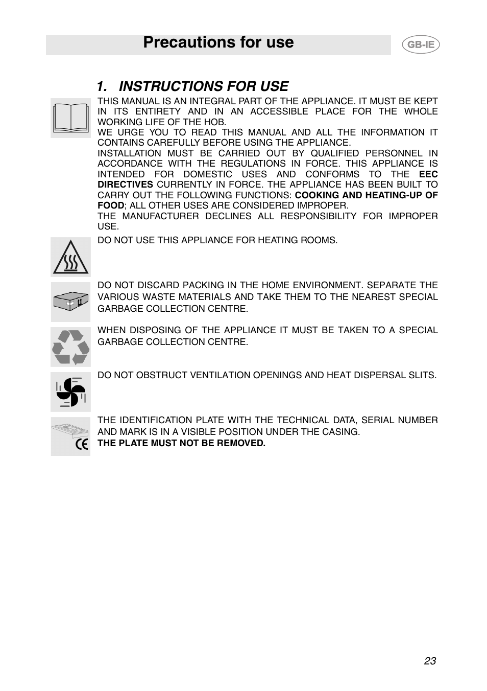 Instructions for use, Precautions for use | Smeg PS906 User Manual | Page 2 / 19