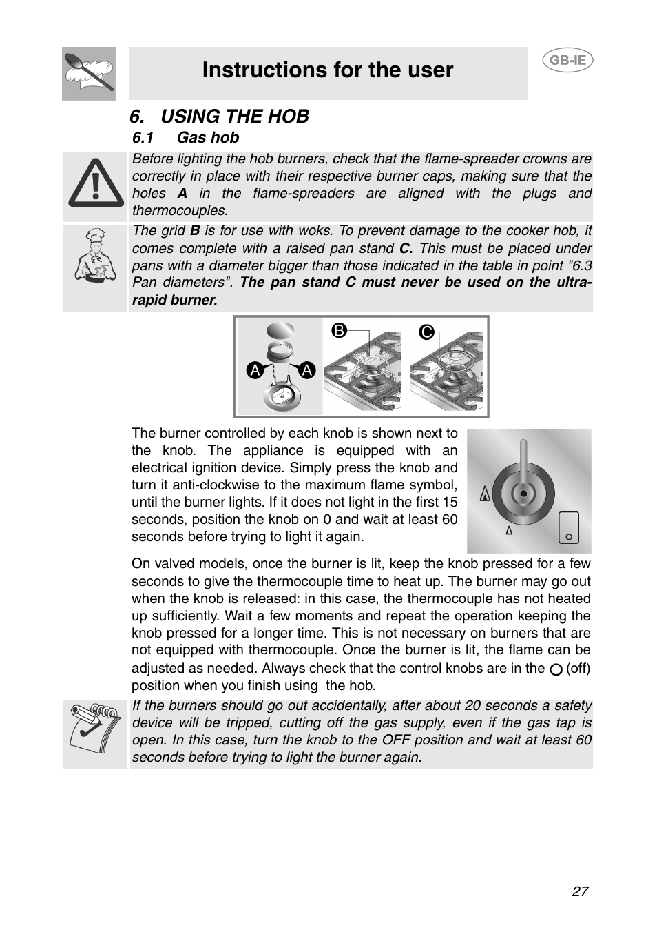 Using the hob, 1 gas hob, Instructions for the user | Smeg PS906 User Manual | Page 6 / 19