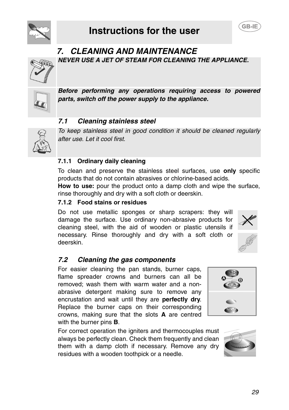 Cleaning and maintenance, 1 cleaning stainless steel, 1 ordinary daily cleaning | 2 food stains or residues, 2 cleaning the gas components, Instructions for the user | Smeg PS906 User Manual | Page 8 / 19