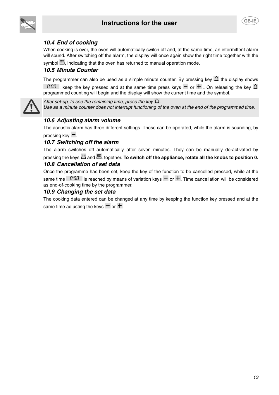 4 end of cooking, 5 minute counter, 6 adjusting alarm volume | 7 switching off the alarm, 8 cancellation of set data, 9 changing the set data, Instructions for the user | Smeg Dual Fuel Cooker B102MFX5 User Manual | Page 11 / 20