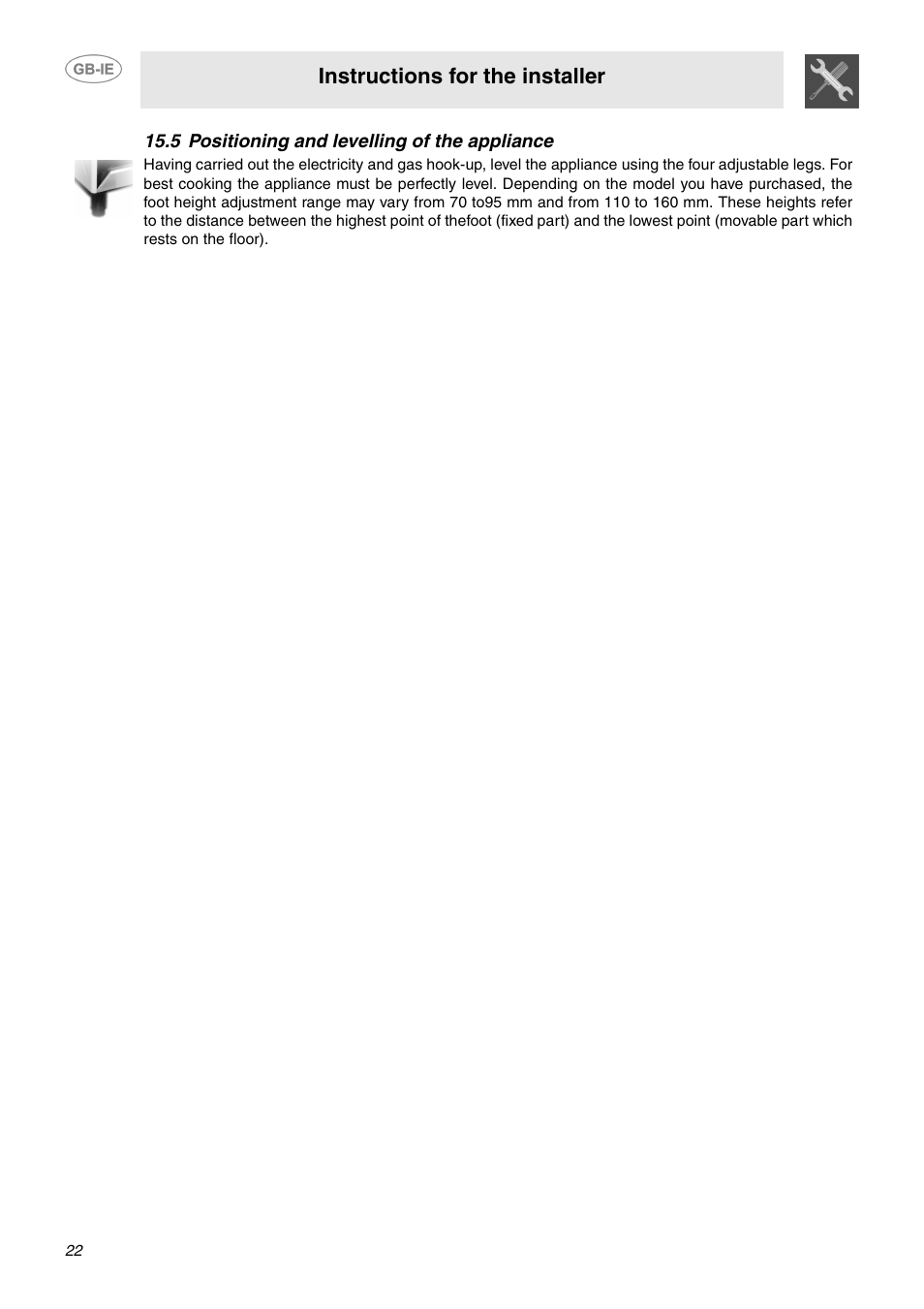 5 positioning and levelling of the appliance, Instructions for the installer | Smeg Dual Fuel Cooker B102MFX5 User Manual | Page 20 / 20