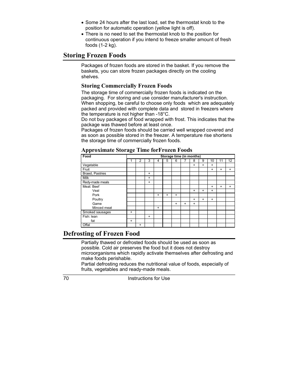 Storing frozen foods, Defrosting of frozen food, Storing commercially frozen foods | Approximate storage time forfrozen foods | Smeg CV10B User Manual | Page 12 / 17