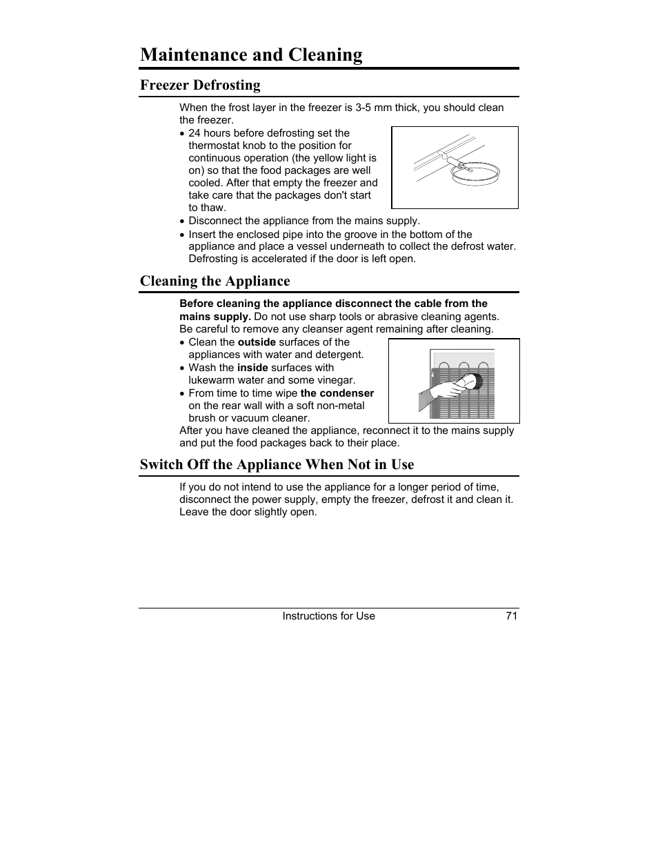 Maintenance and cleaning, Freezer defrosting, Cleaning the appliance | Switch off the appliance when not in use | Smeg CV10B User Manual | Page 13 / 17