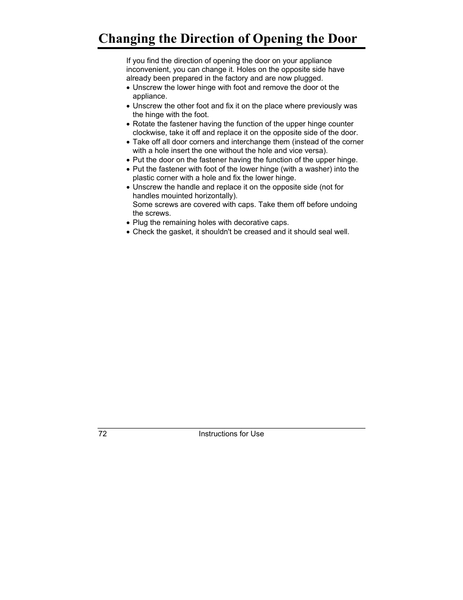 Changing the direction of opening the door | Smeg CV10B User Manual | Page 14 / 17