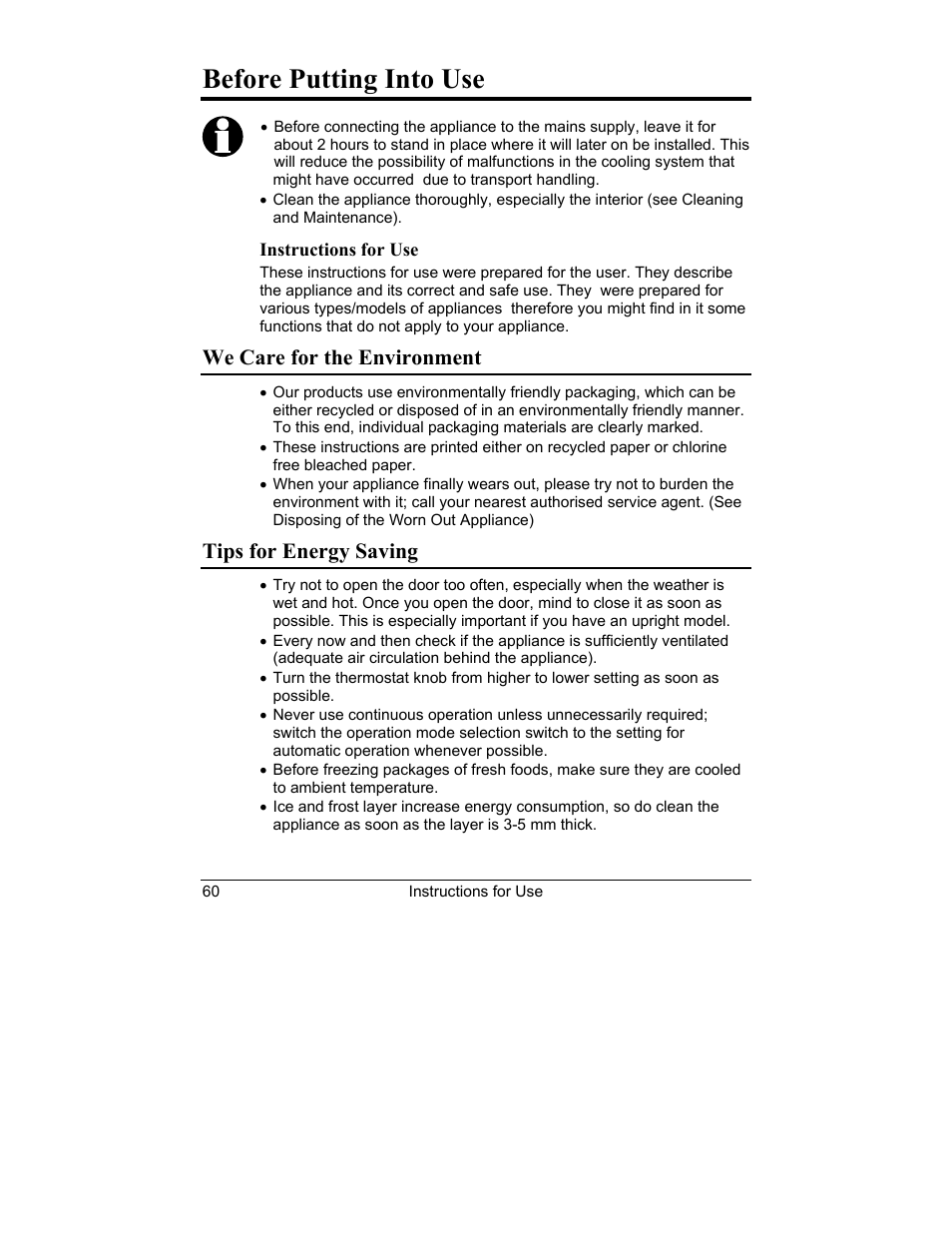 Before putting into use, We care for the environment, Tips for energy saving | Smeg CV10B User Manual | Page 2 / 17